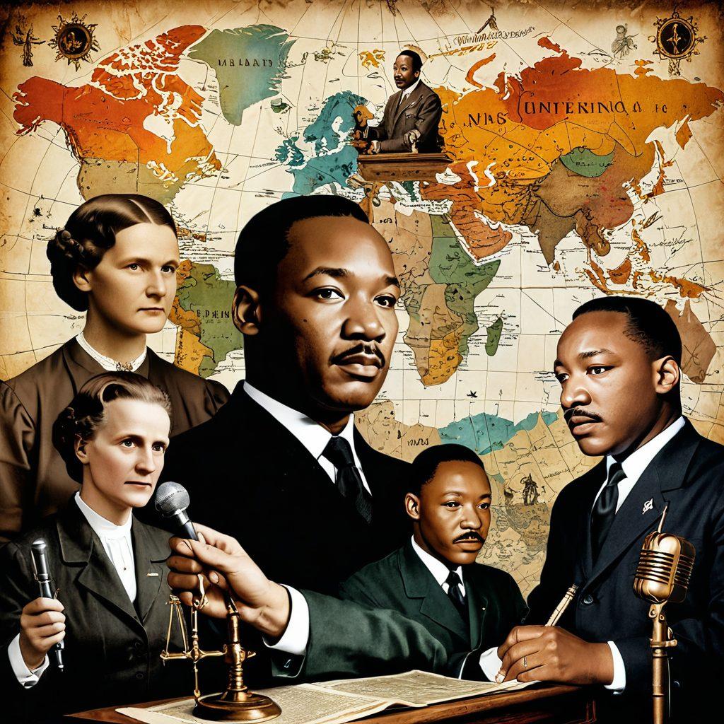 A stunning collage of historical figures like Leonardo da Vinci, Marie Curie, and Martin Luther King Jr., each interacting with symbols of their contributions, like art, science, and civil rights. The background features a faded world map symbolizing their global influence, intertwined with vibrant colors and ethereal light effects to create a captivating atmosphere. super-realistic. vibrant colors. dynamic composition.