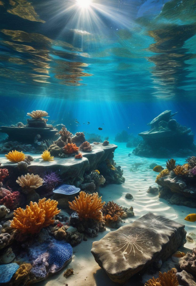 A serene underwater scene showcasing diverse cultural artifacts like ancient pottery, textiles, and historical scrolls surrounded by colorful marine life. Bright rays of sunlight streaming through the water, illuminating the treasures that represent various cultures. A backdrop of deep blue ocean with elements of history emerging from the sands. super-realistic. vibrant colors. 3D.