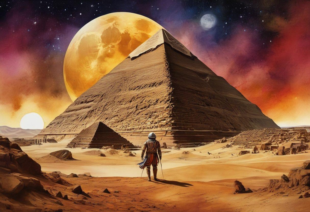 A captivating collage of significant historical events, featuring iconic imagery like ancient pyramids, a gladiator in an arena, the signing of the Declaration of Independence, and astronauts on the moon. The background transitions from sepia tones to vibrant color, symbolizing the passage of time. Include dynamic elements like a swirling timeline that connects these moments. The visual style evokes a sense of adventure and discovery. watercolor illustration. vibrant colors.